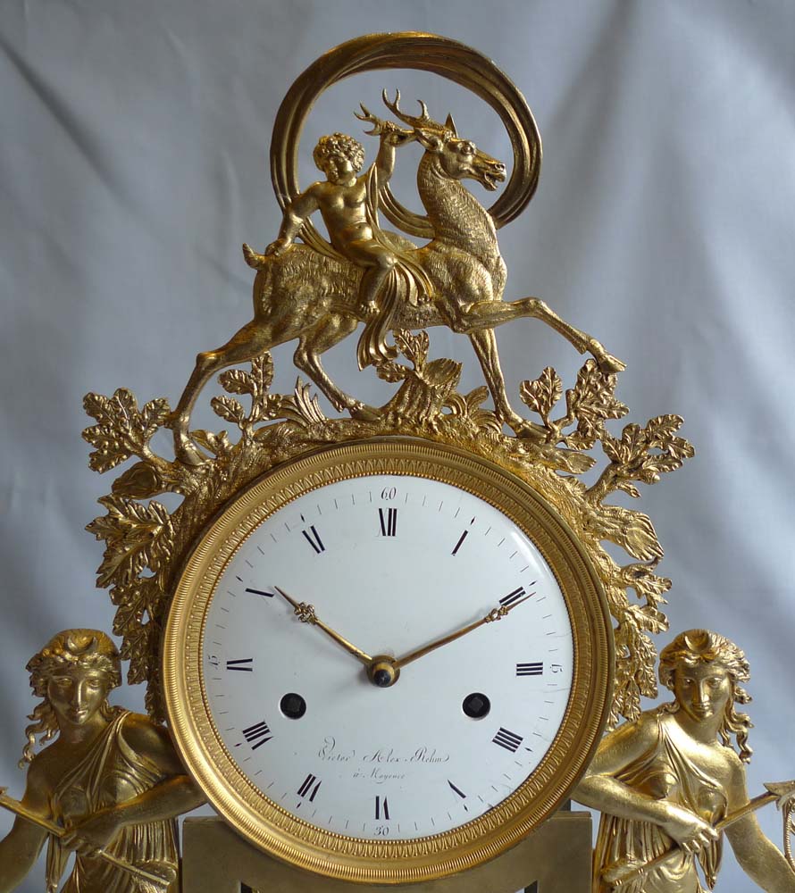 Antique French Directoire black marble and ormolu clock Diana the huntress from Mainz in Germany.