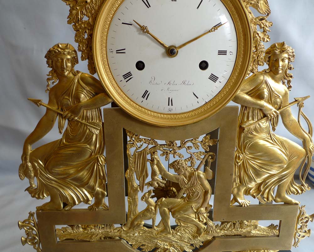 Antique French Directoire black marble and ormolu clock Diana the huntress from Mainz in Germany.