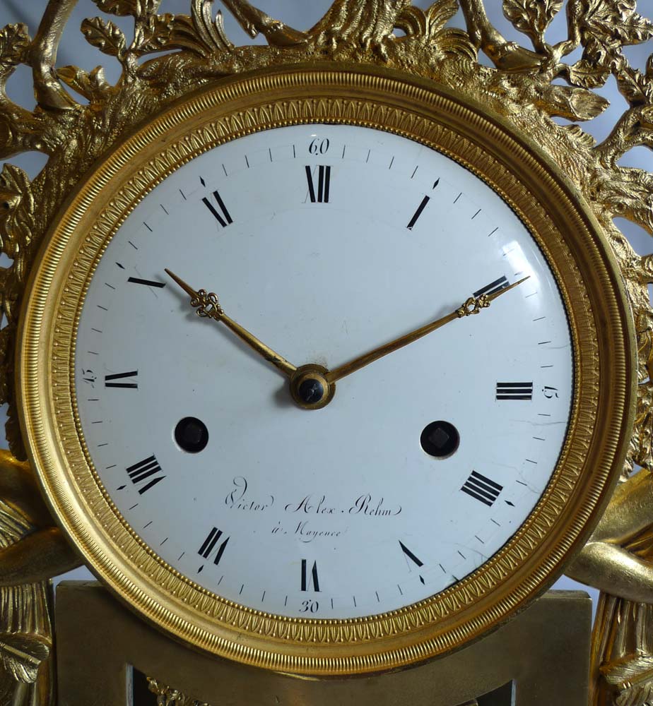 Antique French Directoire black marble and ormolu clock Diana the huntress from Mainz in Germany.