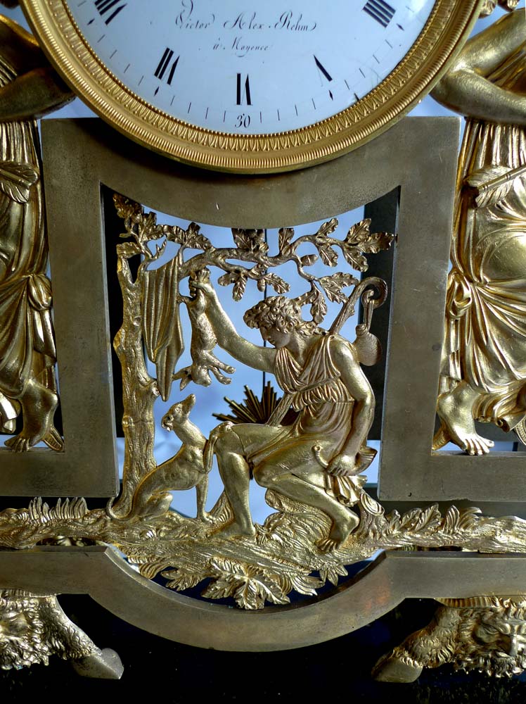 Antique French Directoire black marble and ormolu clock Diana the huntress from Mainz in Germany.