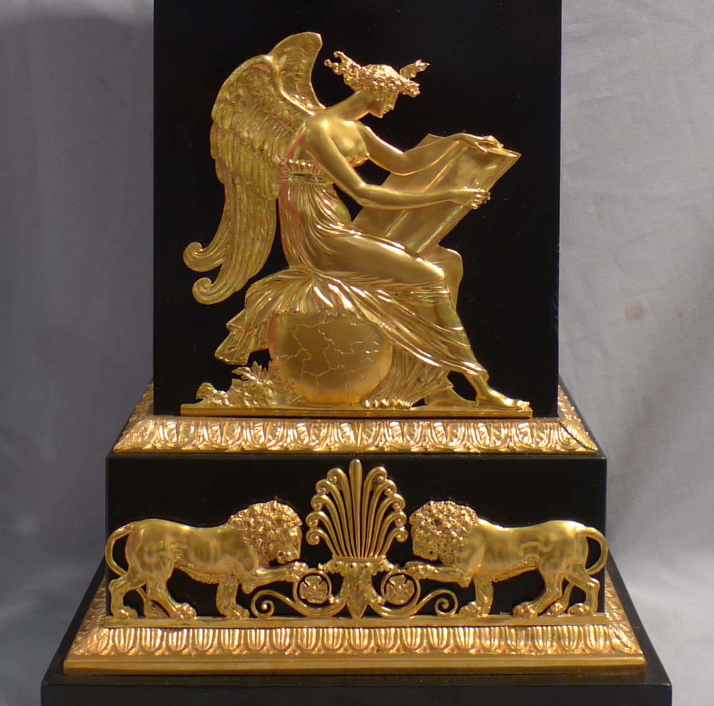French Empire antique black marble and ormolu borne clock by Maniere