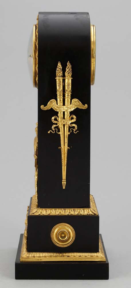 French Empire antique black marble and ormolu borne clock by Maniere