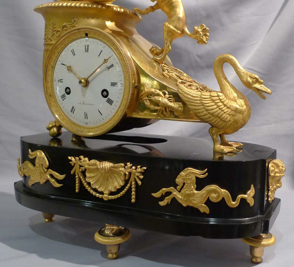 Antique French Empire clock of Aphrodite in her chariot designed by Jean-Andre Reiche.
