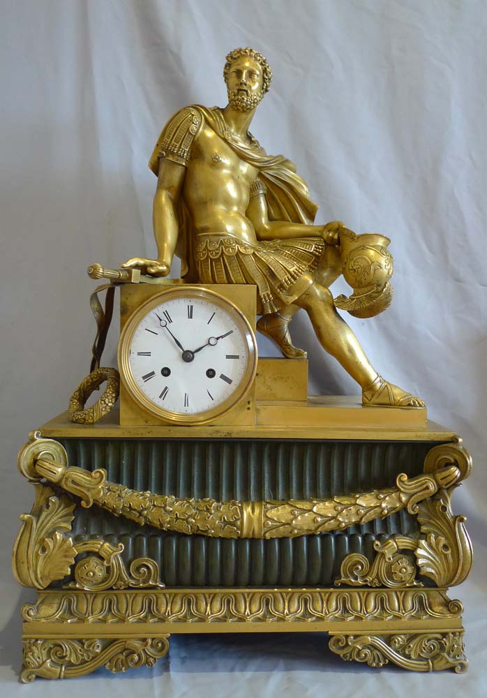 Antique French mantel clock Charles X  of Marcus Aurelius in ormolu and patinated bronze.