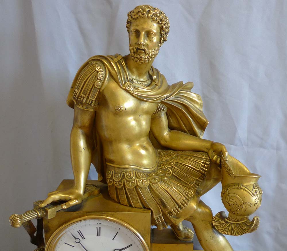 Antique French mantel clock Charles X  of Marcus Aurelius in ormolu and patinated bronze.