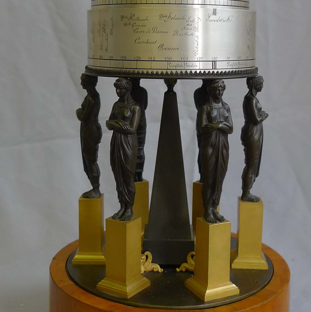 French Empire rotating world time clock in gout d'Egypt temple form.