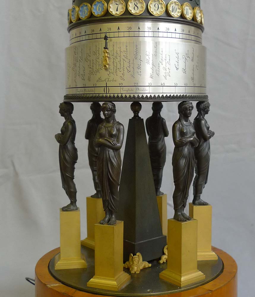 French Empire rotating world time clock in gout d'Egypt temple form.