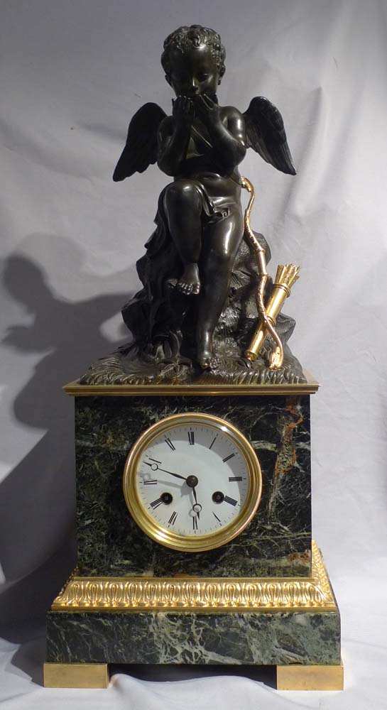 Antique French Romantic period antique vert marble, ormolu & patnated bronze clock with Cupid.