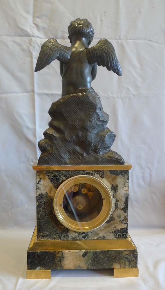 Antique French Romantic period antique vert marble, ormolu & patnated bronze clock with Cupid.