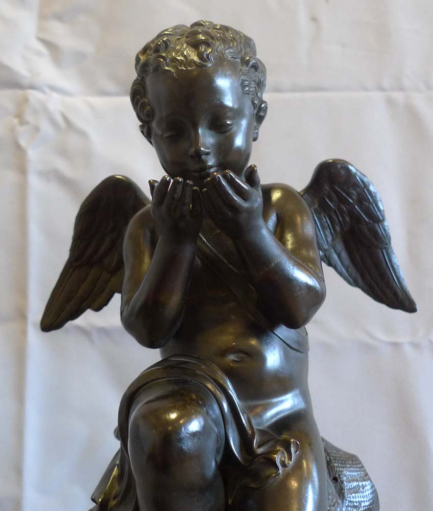 Antique French Romantic period antique vert marble, ormolu & patnated bronze clock with Cupid.