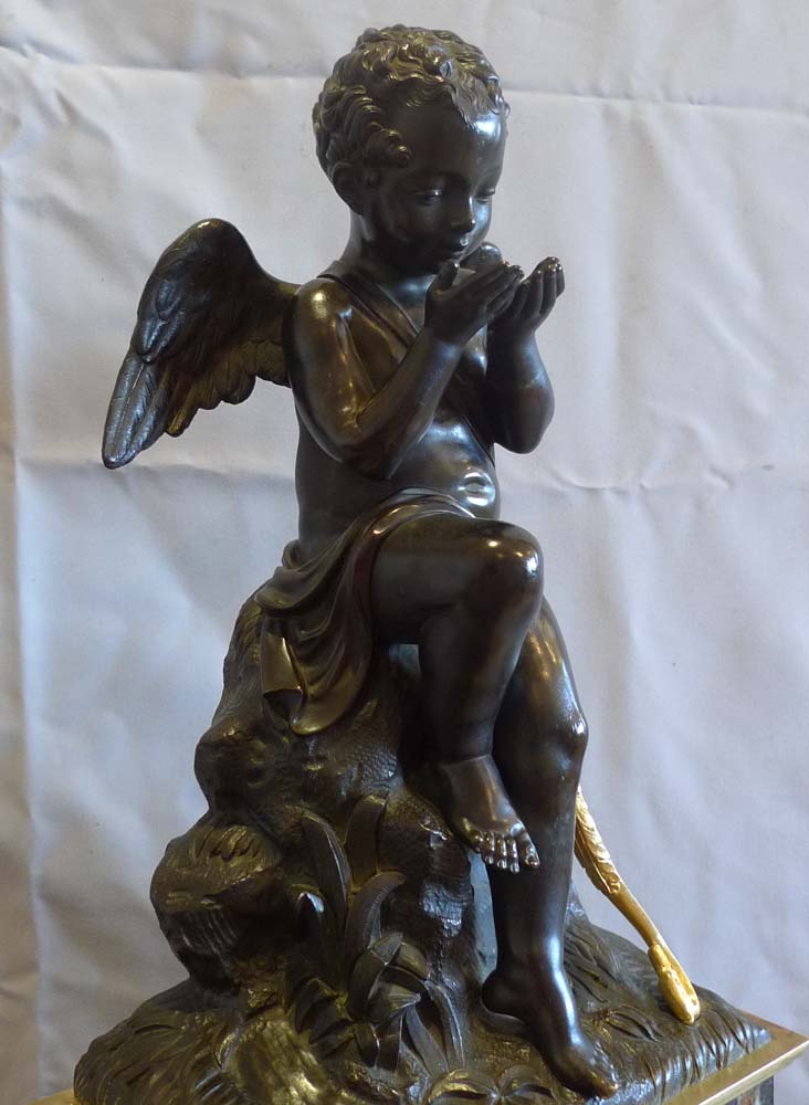 Antique French Romantic period antique vert marble, ormolu & patnated bronze clock with Cupid.