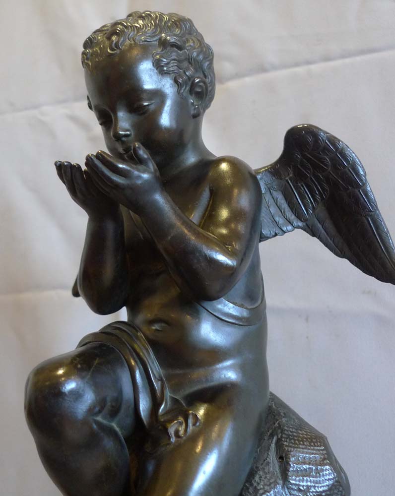 Antique French Romantic period antique vert marble, ormolu & patnated bronze clock with Cupid.
