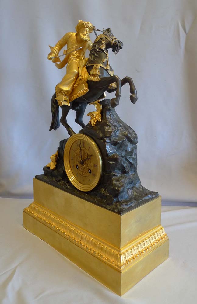 Antique French Greek Revolution mantel clock of Marmaluke on horse.
