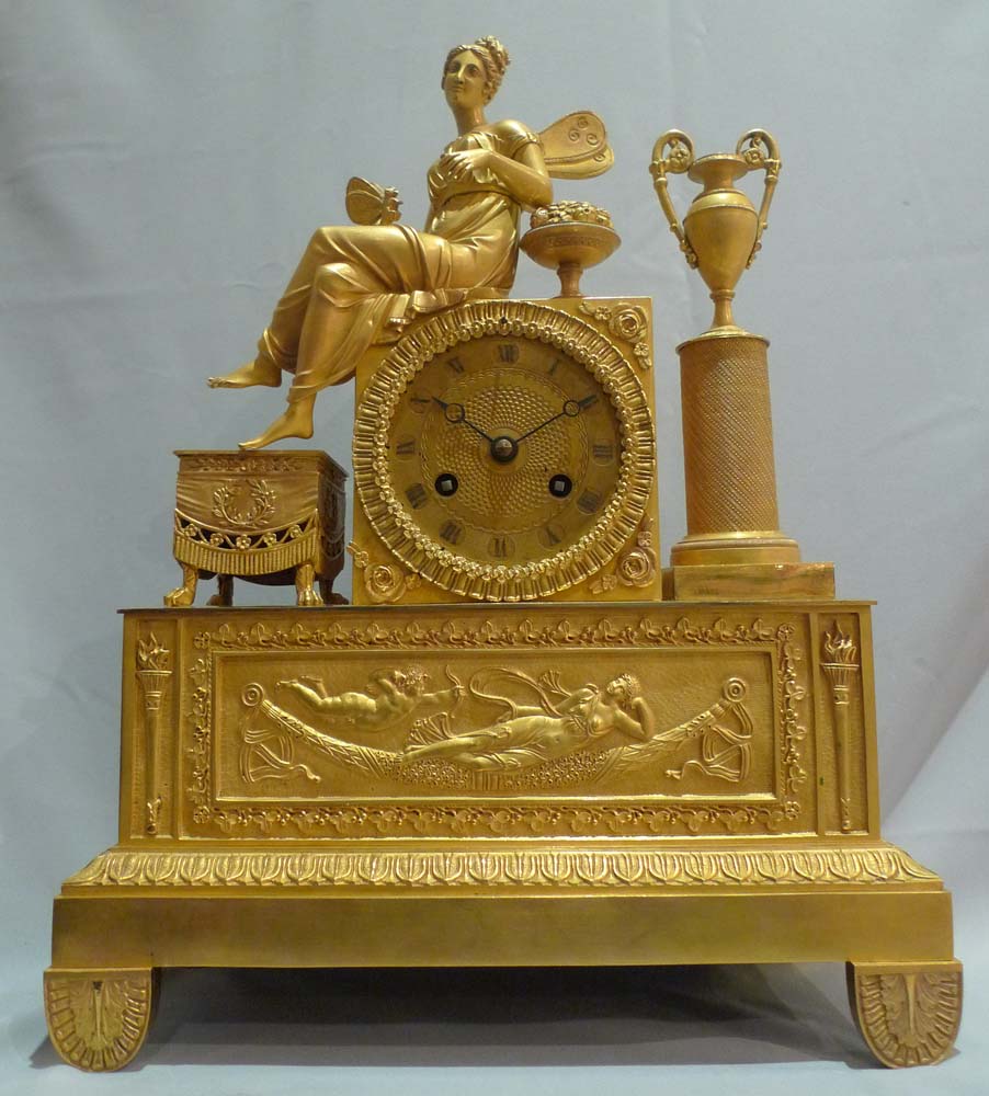 Antique ormolu French Charles X mantel clock of winged Psyche.