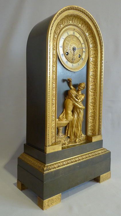 Antique Charles x period French patinated bronze and ormolu clock celebrating Hero and Leander.