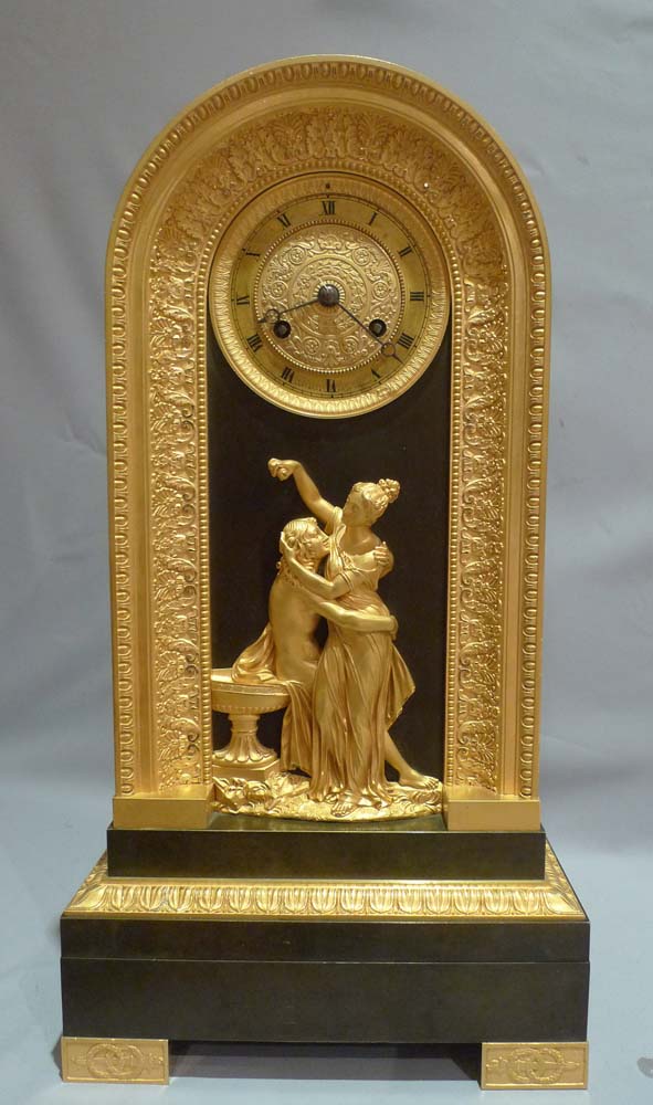 Antique Charles x period French patinated bronze and ormolu clock celebrating Hero and Leander.