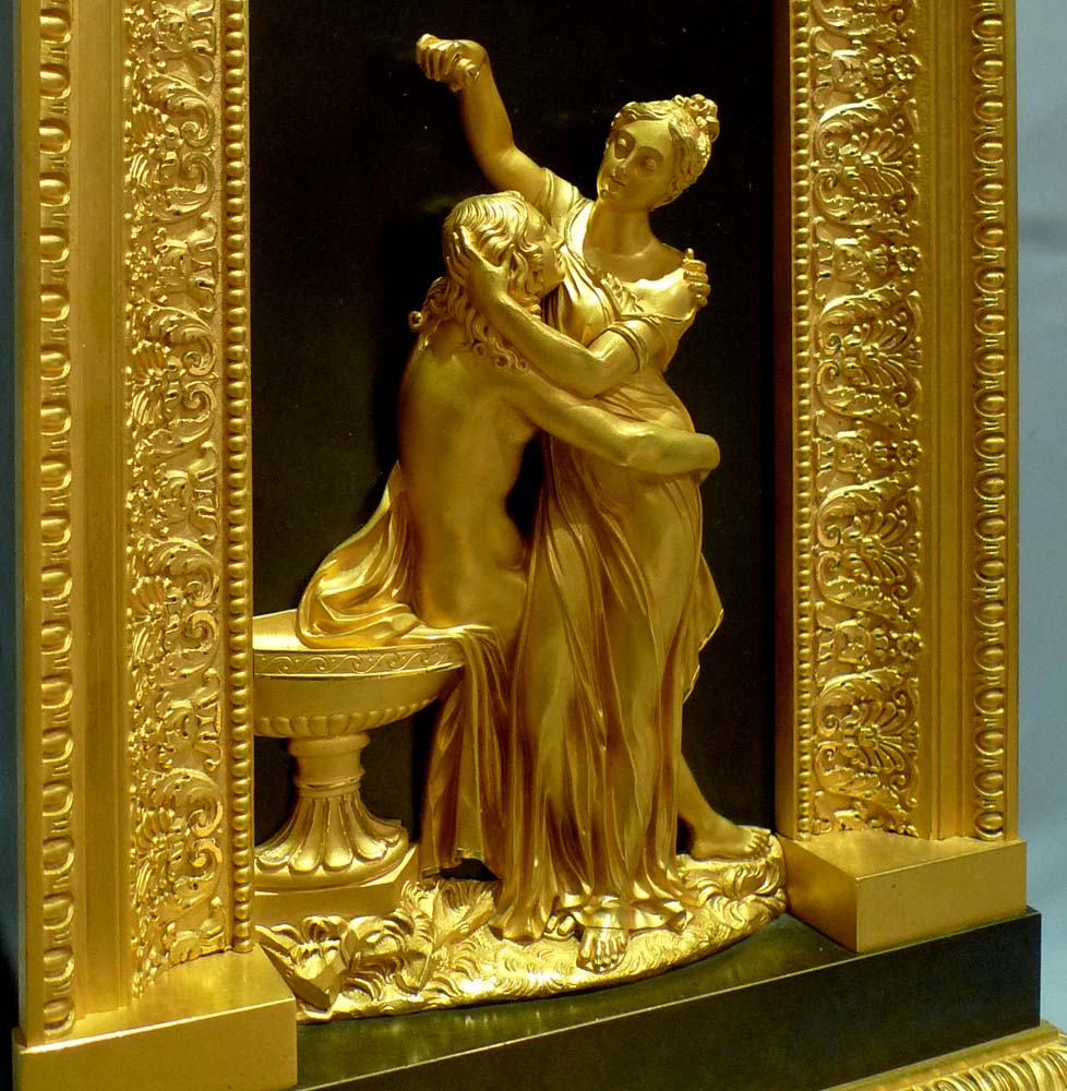Antique Charles x period French patinated bronze and ormolu clock celebrating Hero and Leander.