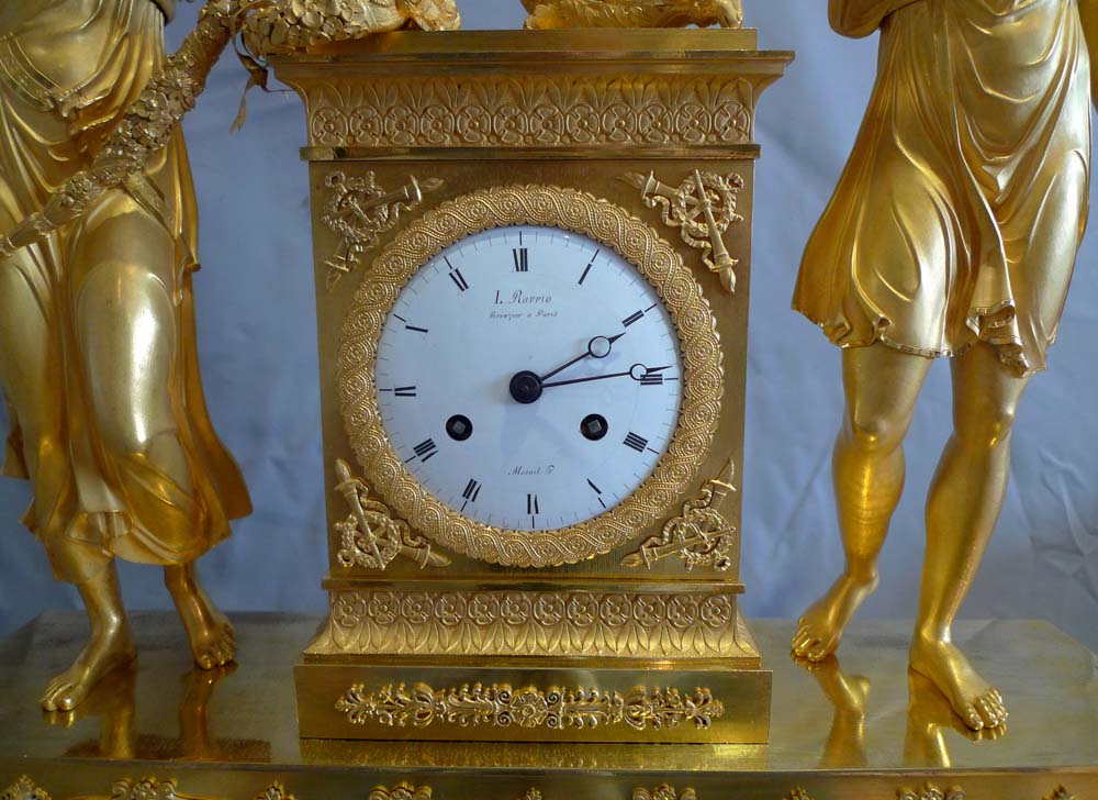 Antique French Empire clock of Psyche and Cupid signed by L.Ravrio bronzier a Paris and Mesnil Hr.