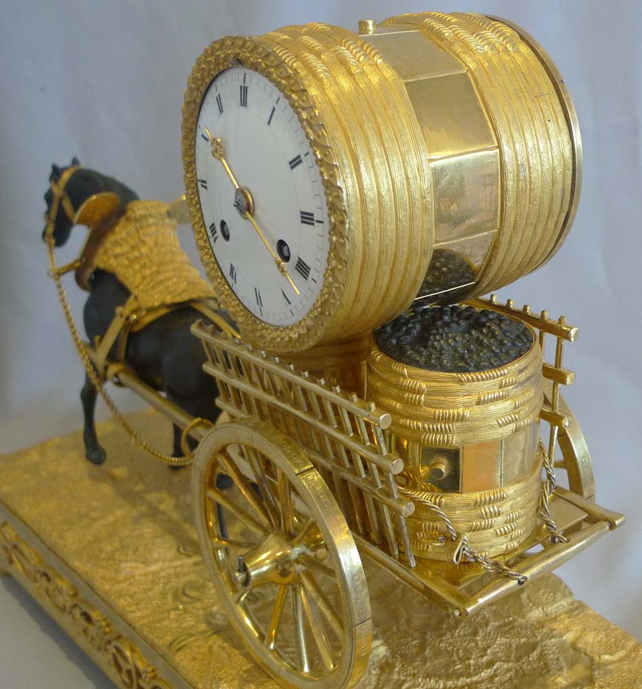 French Empire viticulture genre related mantel clock of horse pulling grapes
