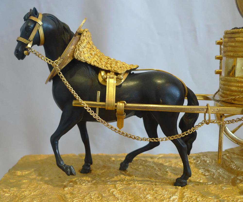 French Empire viticulture genre related mantel clock of horse pulling grapes