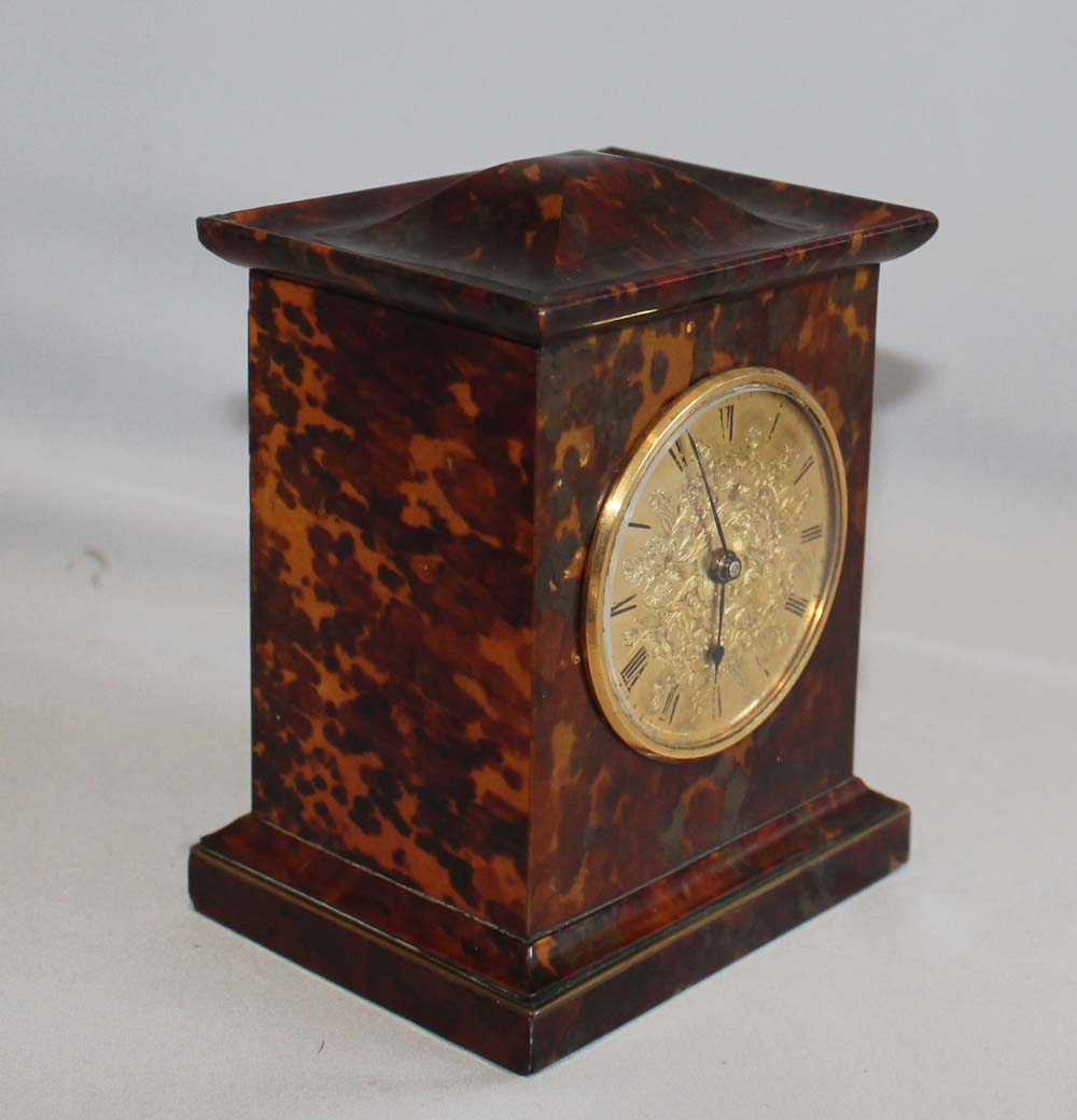 English late Regency antique miniature fusee carriage clock in tortoiseshell veneered case.