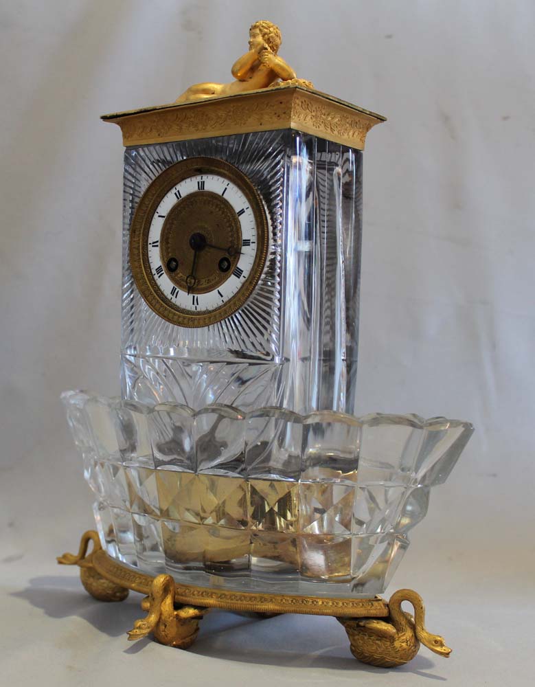 Antique French Charles X crystal and ormolu mantel clock signed Lepine et Cie a Paris.