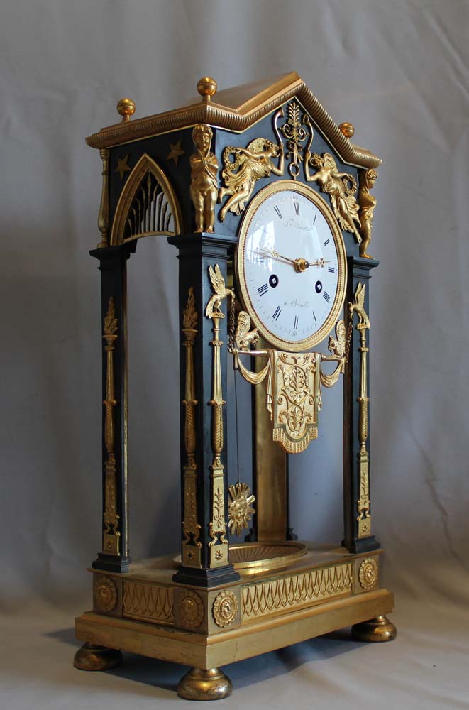 Antique French Empire ormolu and patinated bronze portico clock N. Jennart, Brussels.