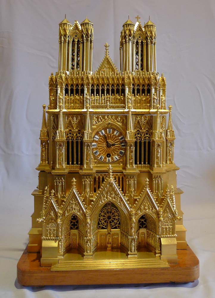 Antique and unusual ormolu mantel clock depicting Reims Cathedral with two mechaical movements.