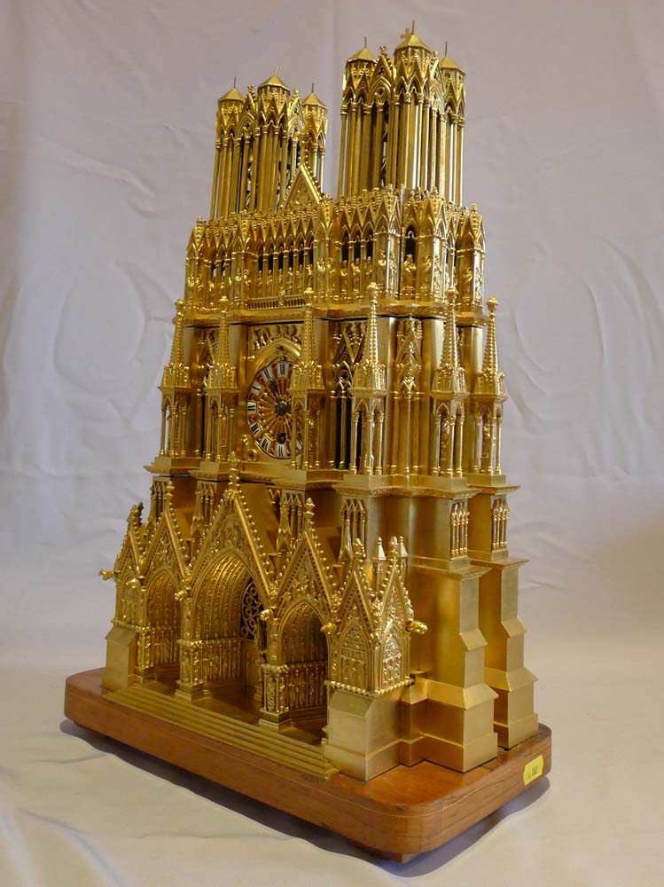 Antique and unusual ormolu mantel clock depicting Reims Cathedral with two mechaical movements.