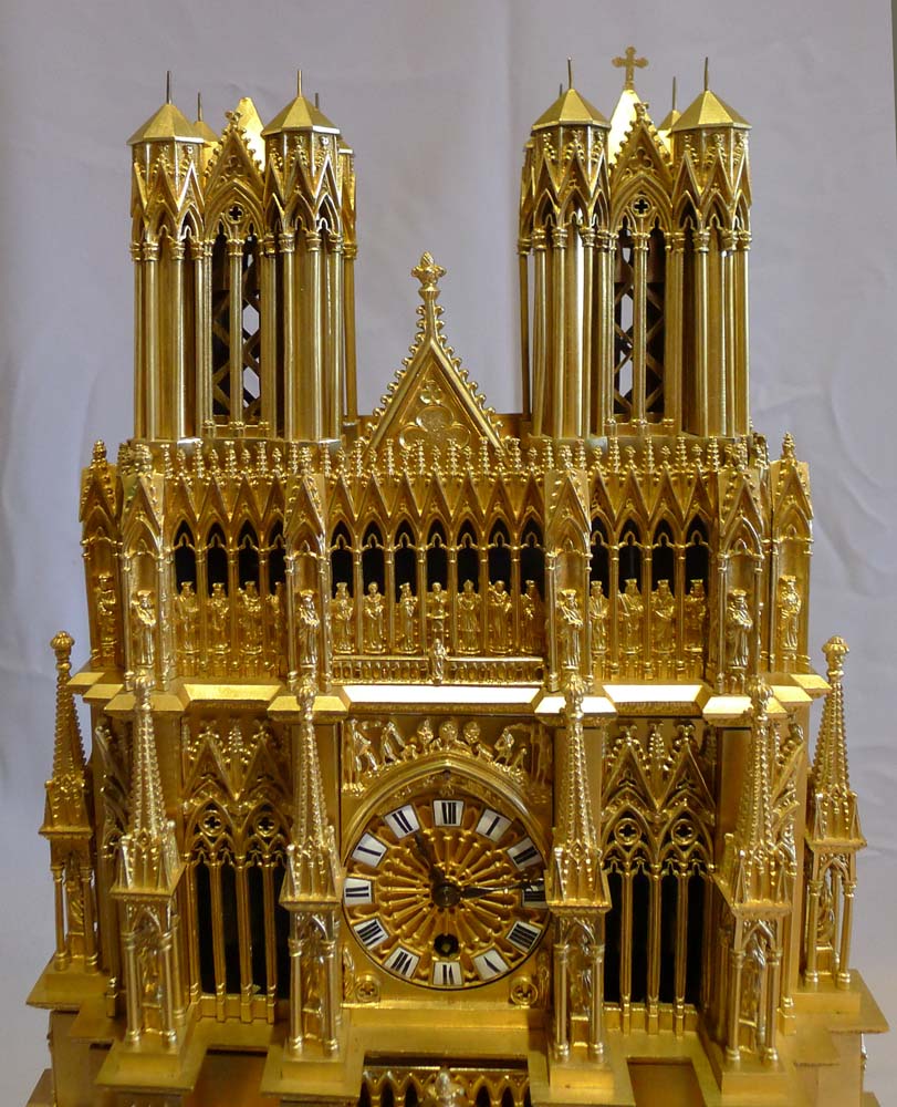 Antique and unusual ormolu mantel clock depicting Reims Cathedral with two mechaical movements.