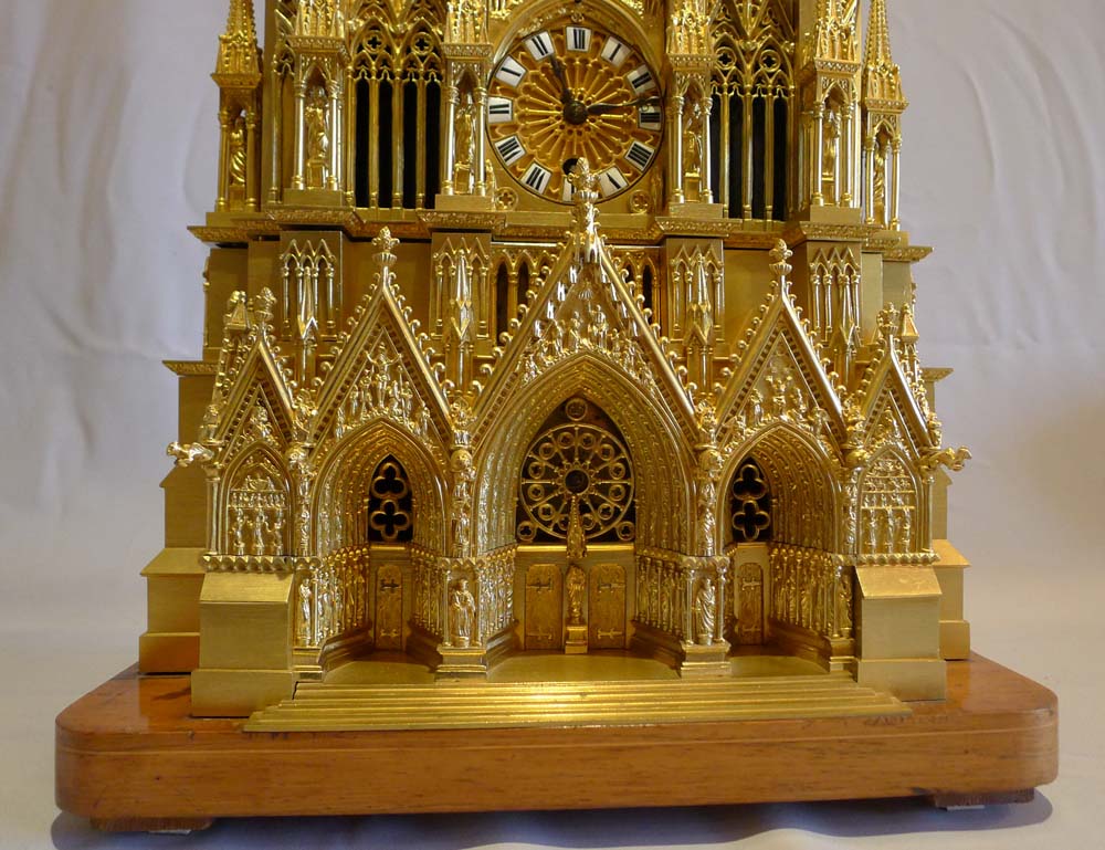 Antique and unusual ormolu mantel clock depicting Reims Cathedral with two mechaical movements.