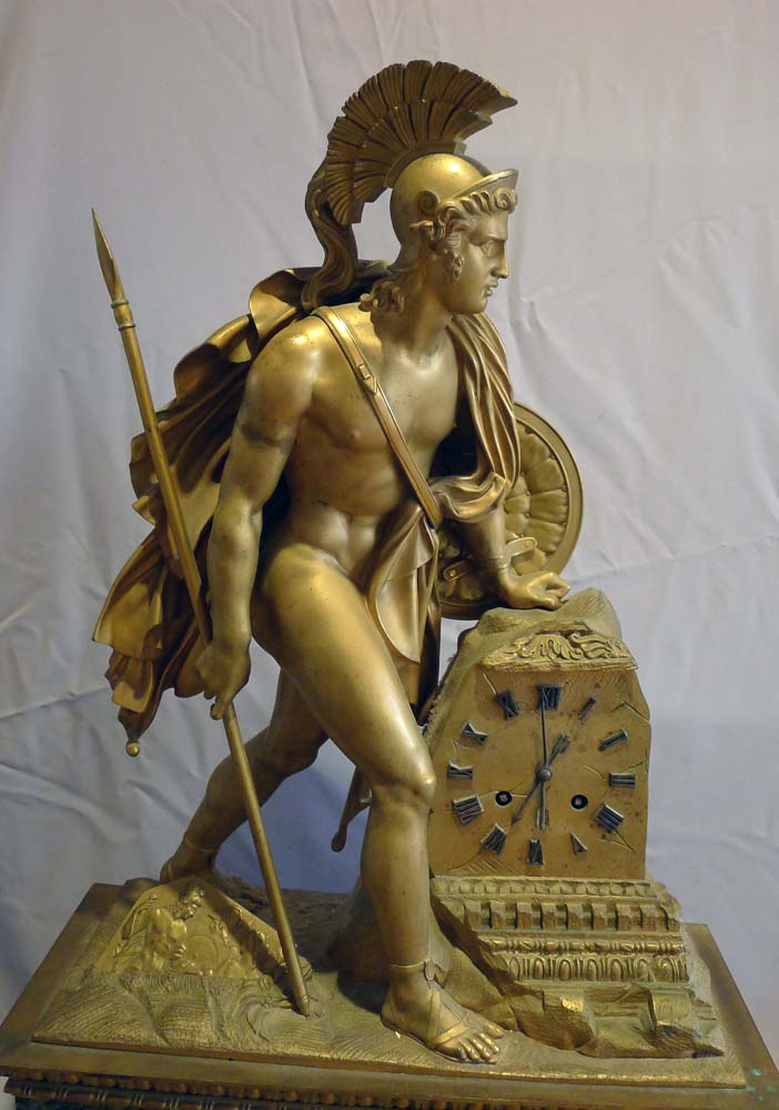 Antique French marble and ormolu mantel clock of a Greek warrior.