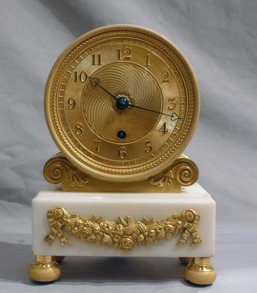 Antique English  Regency ormolu and white marble mantel timepiece with fusee movement'