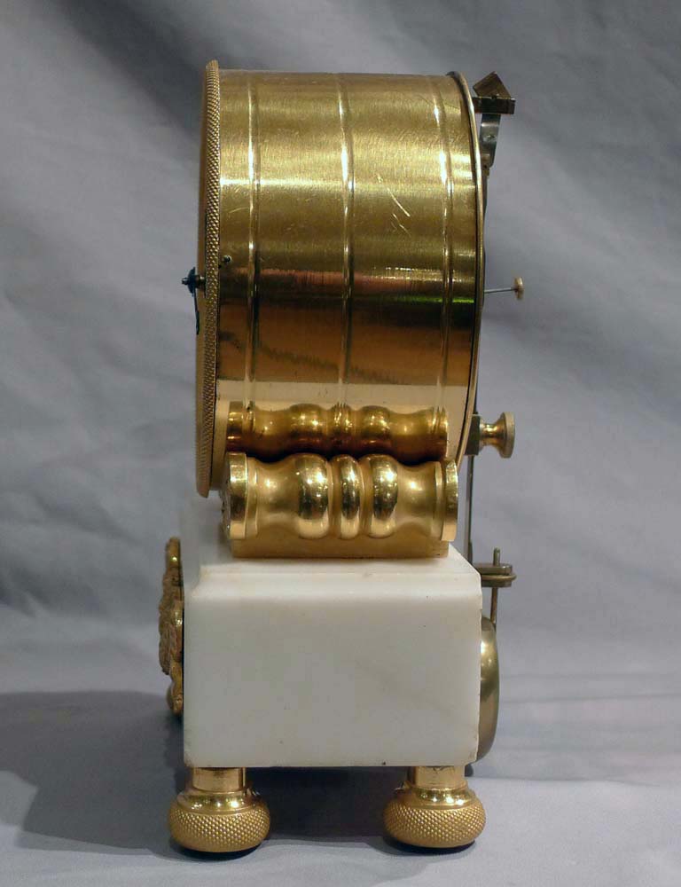 Antique English  Regency ormolu and white marble mantel timepiece with fusee movement'
