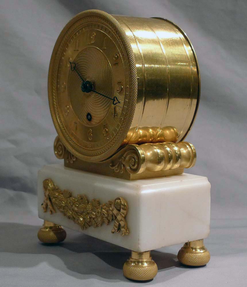 Antique English  Regency ormolu and white marble mantel timepiece with fusee movement'