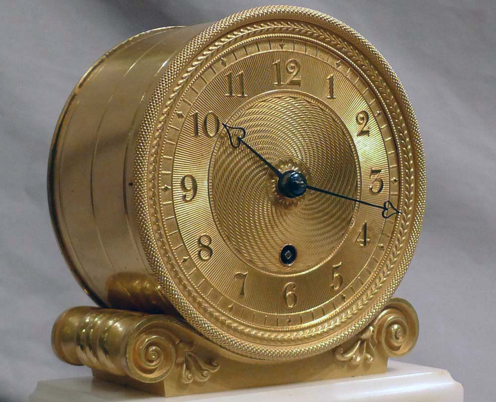 Antique English  Regency ormolu and white marble mantel timepiece with fusee movement'