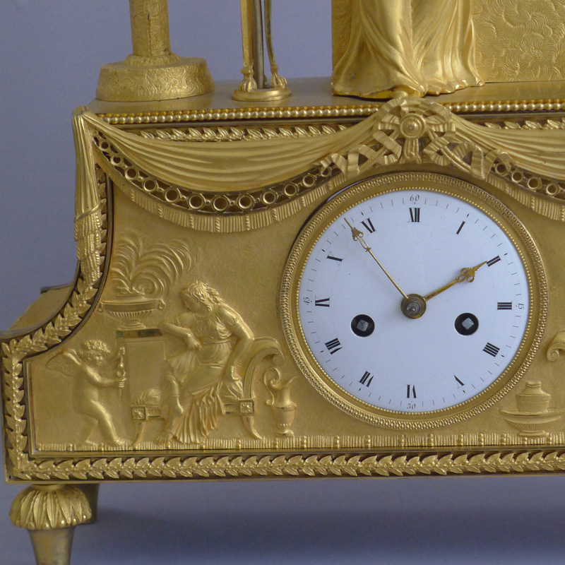 Rare French Directoire ormolu mantel clock of Josephine sitting in a bower