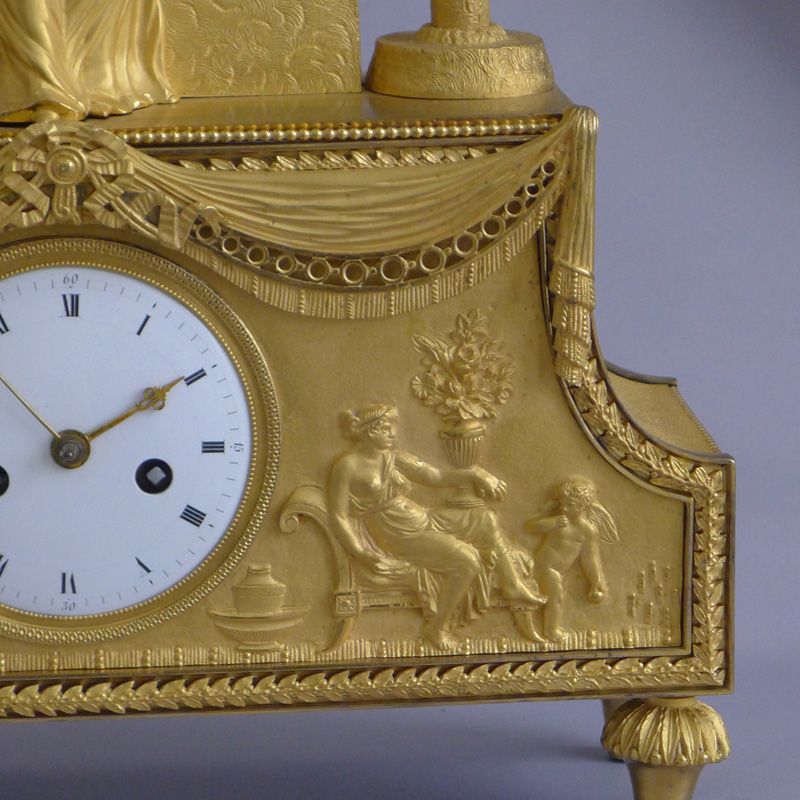Rare French Directoire ormolu mantel clock of Josephine sitting in a bower