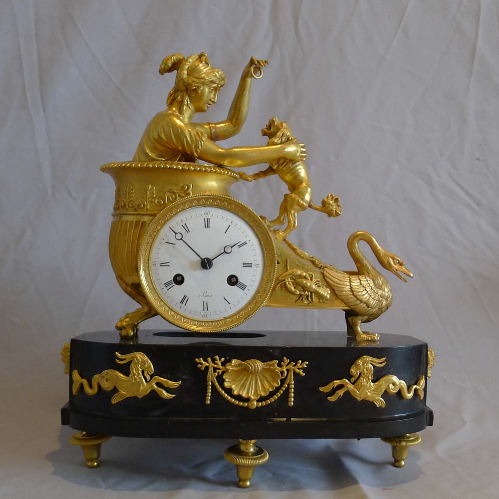 Antique French Empire clock of Aphrodite in her chariot designed by Jean-Andre Reiche.