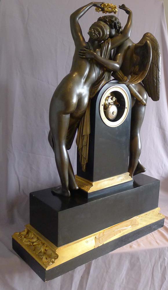 Antique French massive mantel clock of Psyche and Cupid signed Deniere.