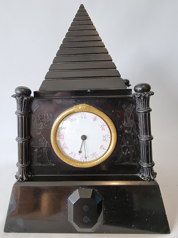 Antique English Egyptian revival mantel clock with fusee movement by Moore of London