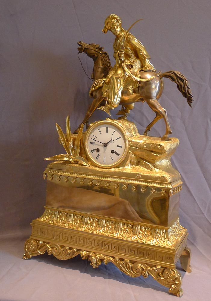 Antique French Charles X clock with Hellenistic interest being a Turk or Ottoman mounted horseman.