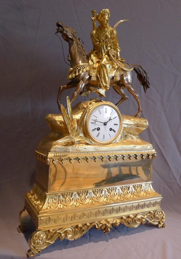 Antique French Charles X clock with Hellenistic interest being a Turk or Ottoman mounted horseman.