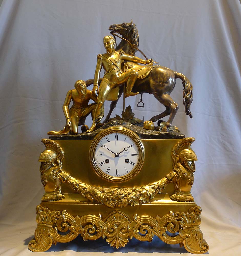 Rare and monumental antique French Charles X mantle clock of Napoleon beside Marengo, wiith an aide.
