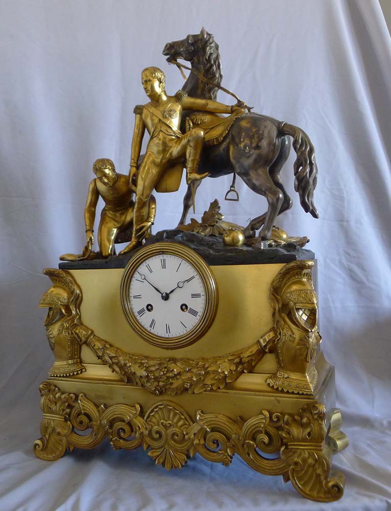 Rare and monumental antique French Charles X mantle clock of Napoleon beside Marengo, wiith an aide.