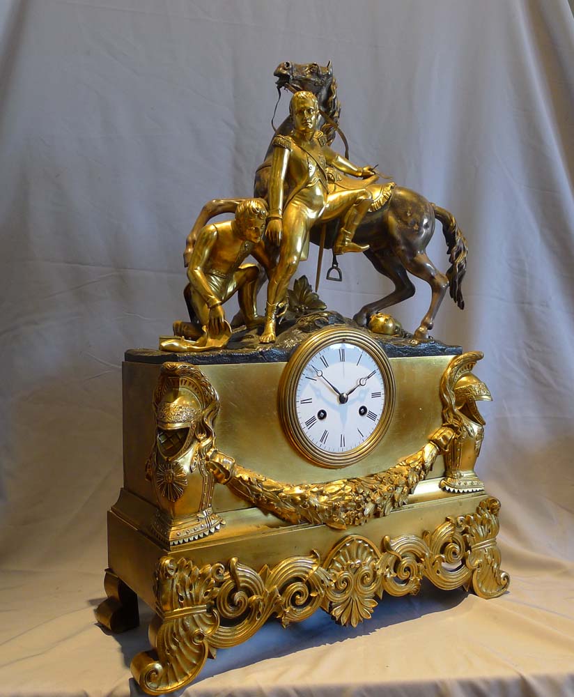 Rare and monumental antique French Charles X mantle clock of Napoleon beside Marengo, wiith an aide.