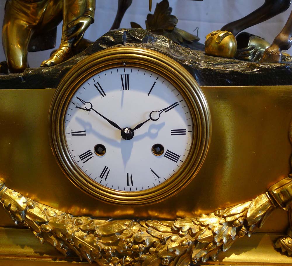 Rare and monumental antique French Charles X mantle clock of Napoleon beside Marengo, wiith an aide.