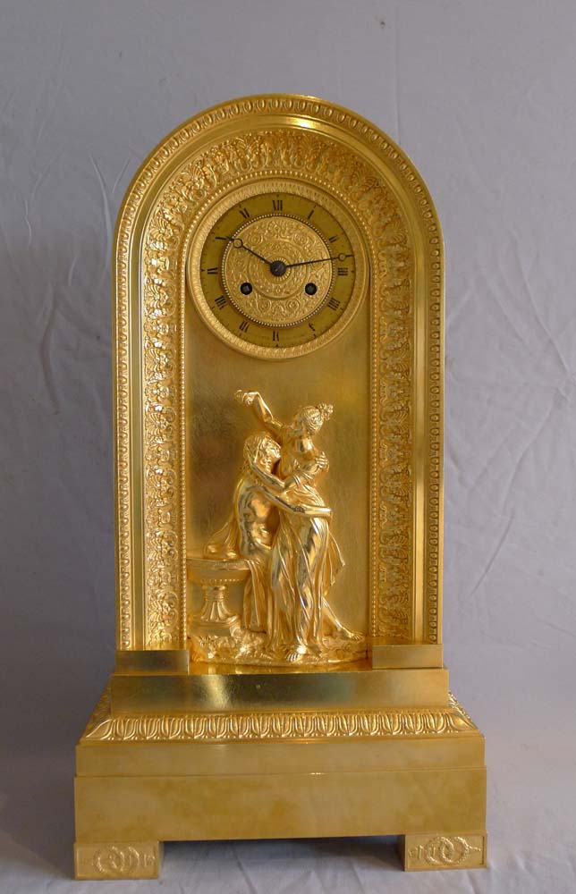 Antique French Empire ormolu clock of borne shape and of Hero and Leander.