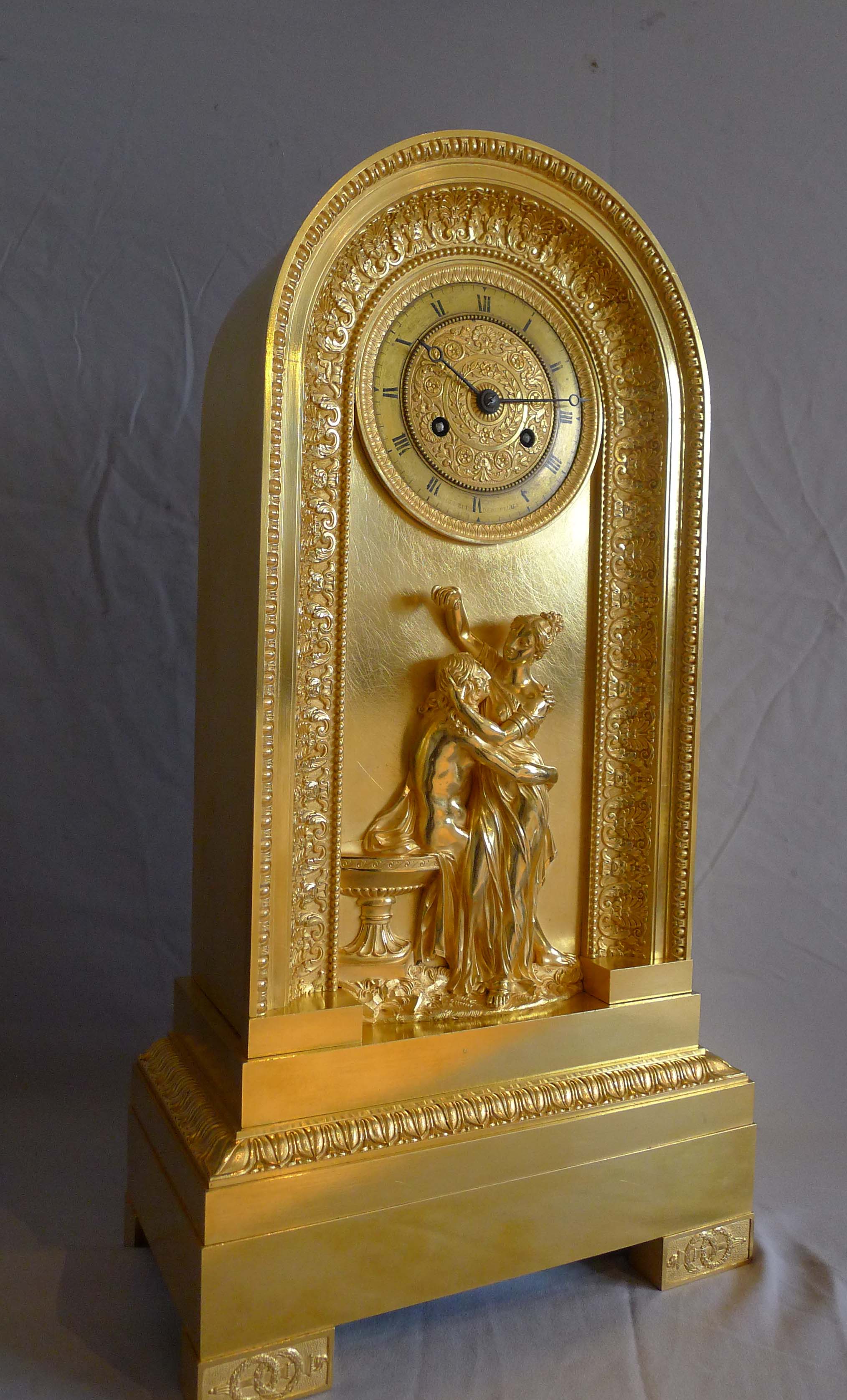 Antique French Empire ormolu clock of borne shape and of Hero and Leander.