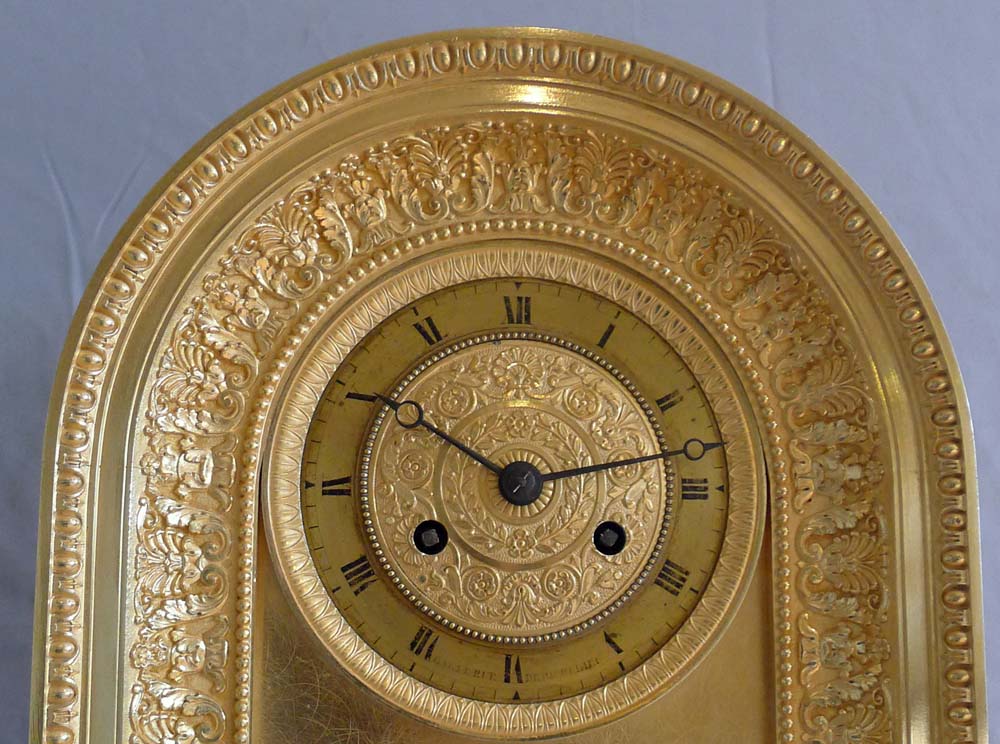 Antique French Empire ormolu clock of borne shape and of Hero and Leander.